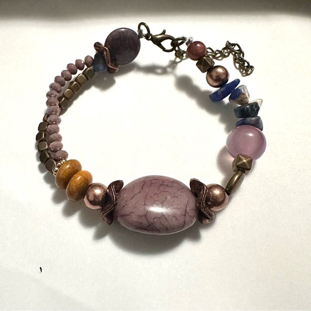 Beaded Faux Stone Mauve Tone Bracelet Boho Earthy Lightweight